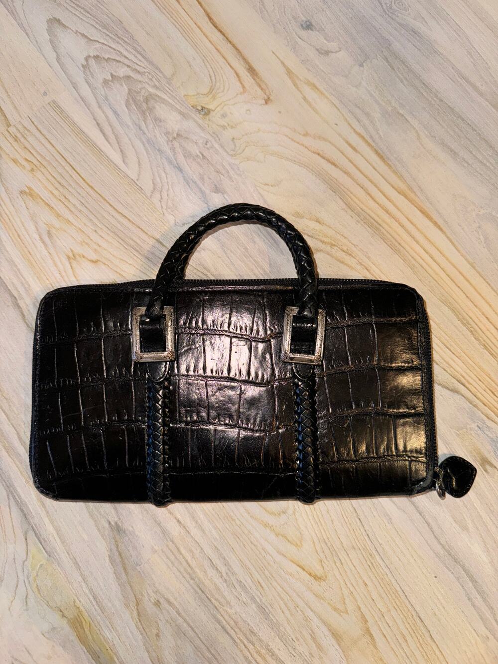 Brighton Gladiola Black Handbag Croc Embossed Leather Top Handle Wallet Sz Small